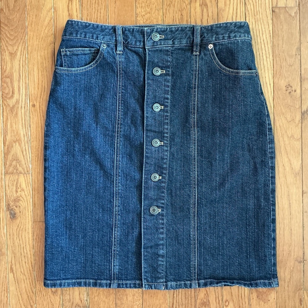 Talbots‎ Blue Denim Jean Skirt Button-up Front Women's Size 8 Stretch Length 21"
